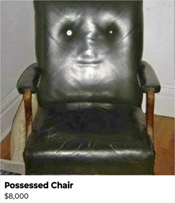Leather chair with worn patterns creating a face-like appearance in an unhinged Facebook Marketplace listing.