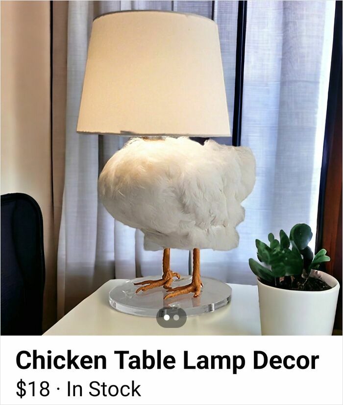 Chicken table lamp on a white surface with curtains and plant in background from Facebook Marketplace listing.