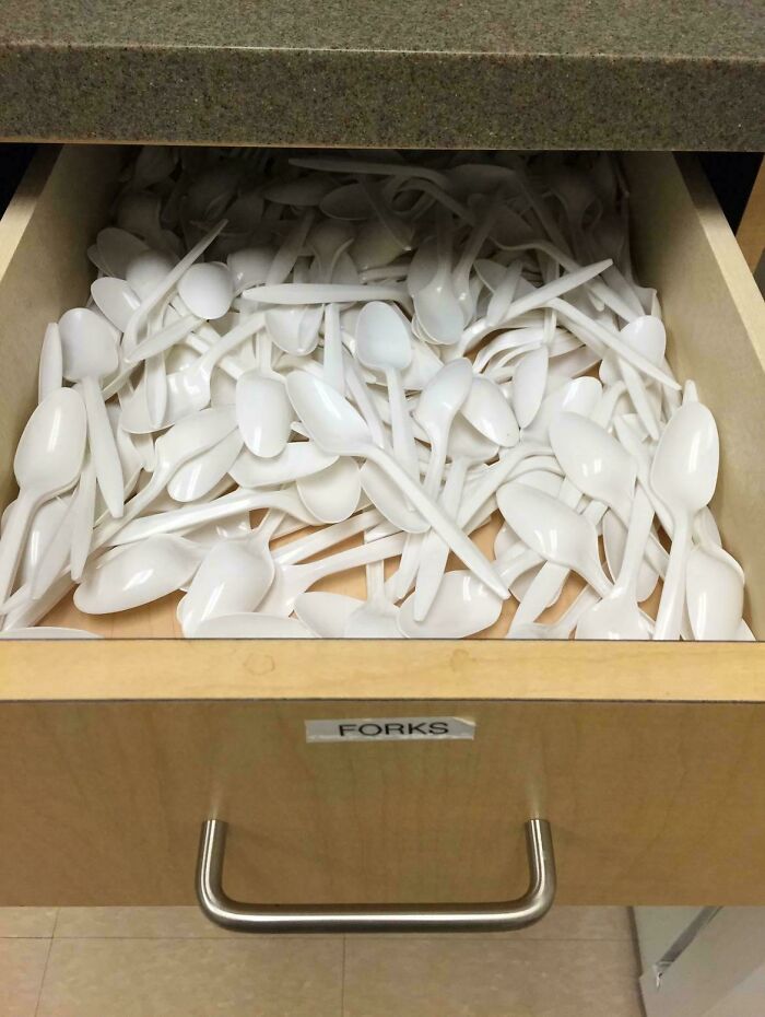 Drawer labeled forks filled with many white plastic spoons, illustrating first-world anarchists being ungovernable.