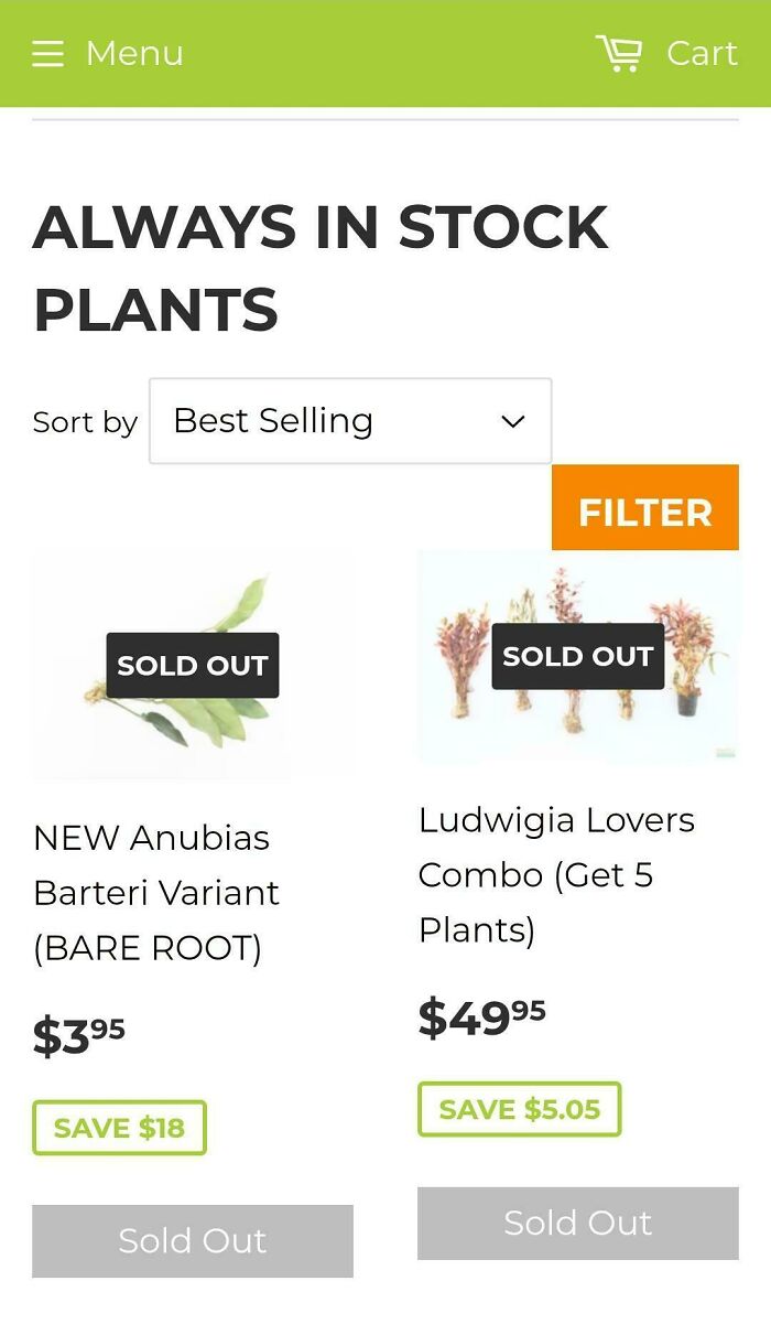 Always in stock plants page showing sold out Anubias Barteri and Ludwigia Lovers combo with prices and discounts.