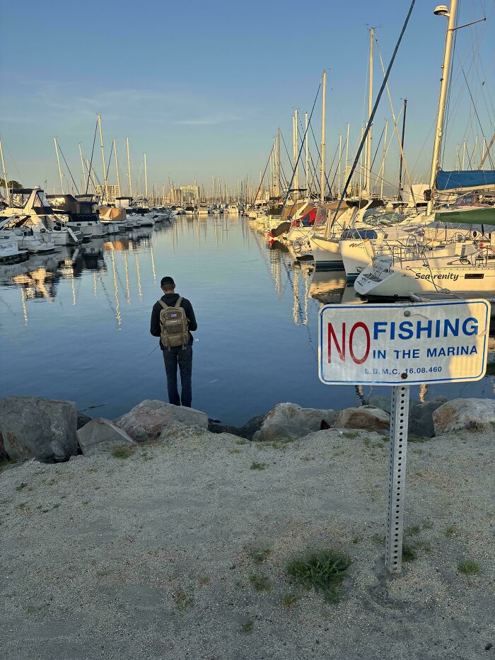 Person fishing near boats in a marina despite a visible no fishing sign, showing ungovernable anarchist behavior.