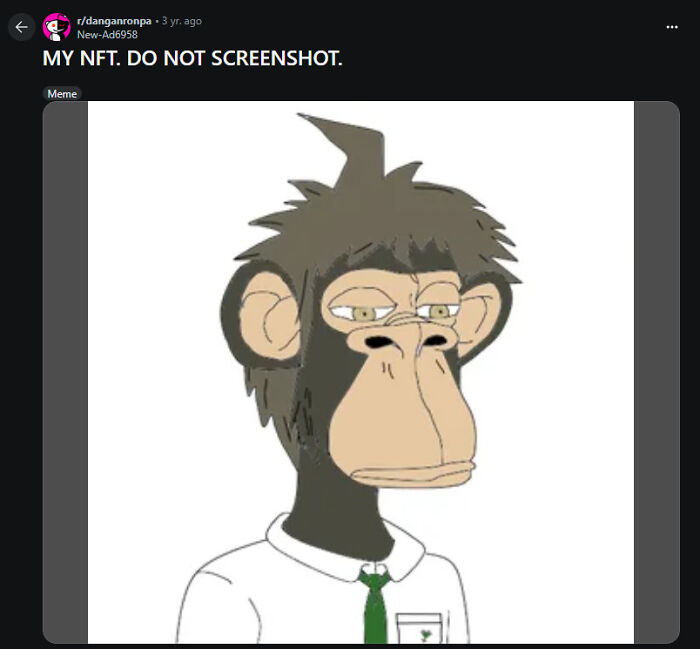 Cartoon ape NFT character wearing a white shirt and green tie, representing first-world anarchists and ungovernable attitudes.