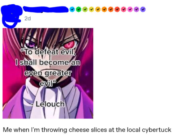 Anime character with one red eye and quote about defeating evil, representing first-world anarchists unafraid to express bold ideas.