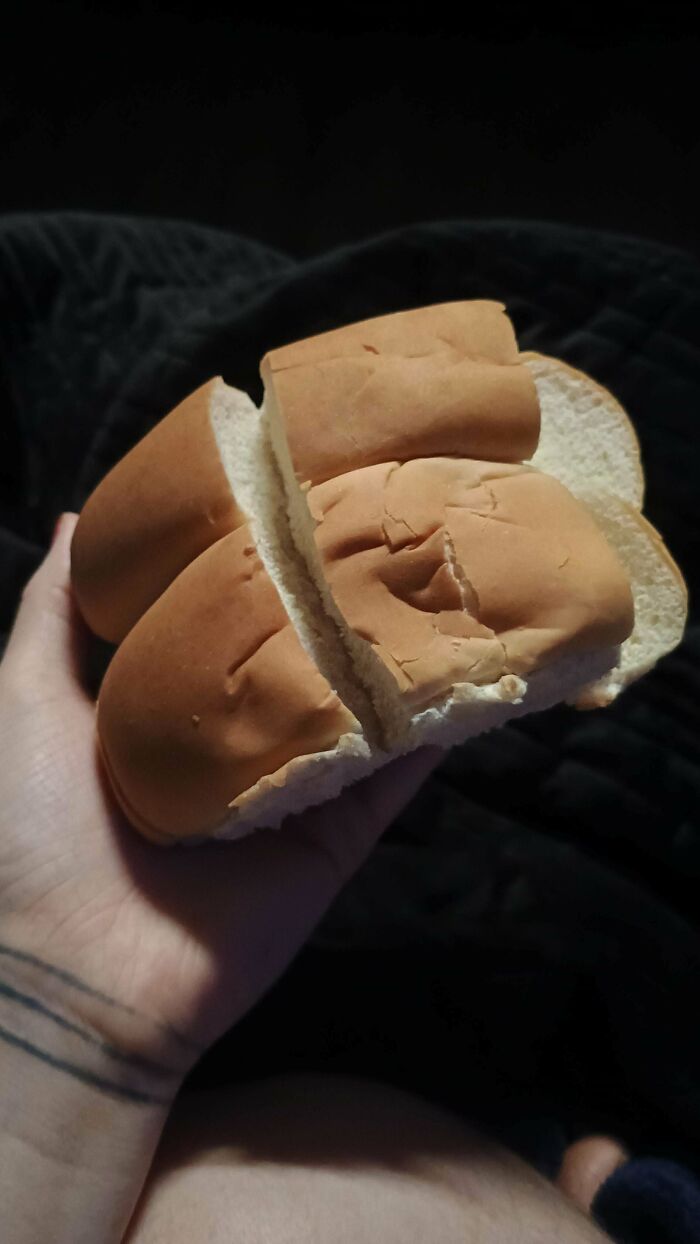 Hand holding three plain sandwich bread rolls with a dark quilted background, representing first-world anarchists.