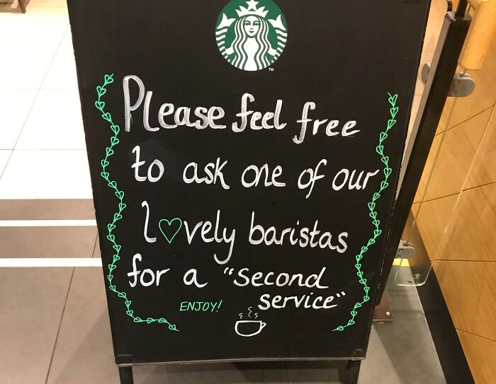 Starbucks sign with suspicious use of quotation marks around second service, making the message sound hilariously suspicious.