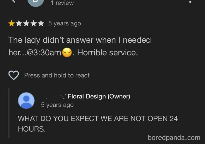 One-star absurd review complaining about service at 3:30am with owner explaining not open 24 hours.