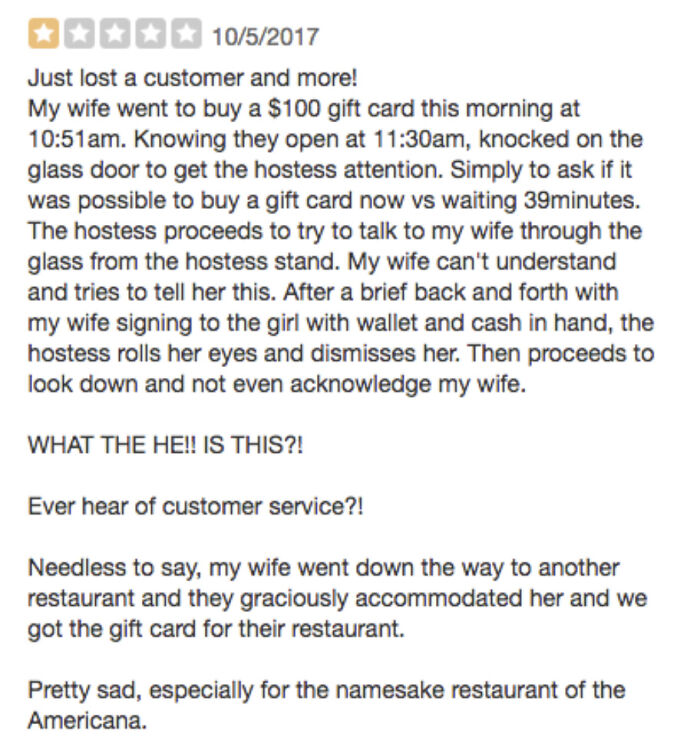 One-star absurd customer review complaining about poor service when trying to buy a gift card before opening.