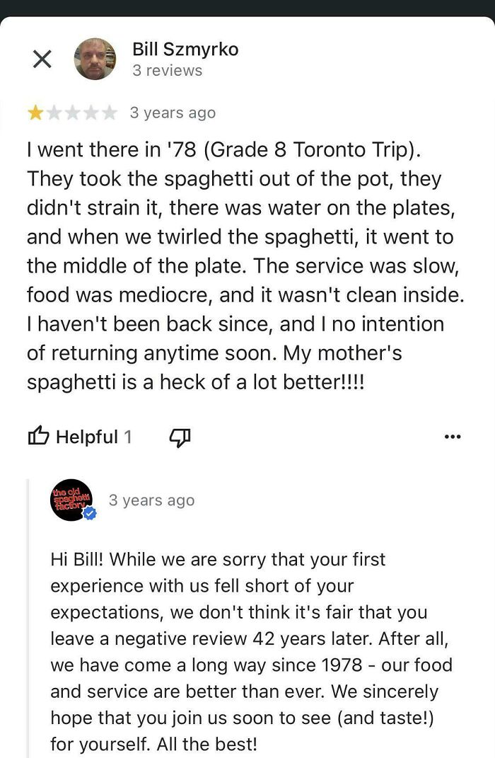 Absurd review from entitled customer about spaghetti and slow service, highlighting misunderstandings in world of dining reviews.