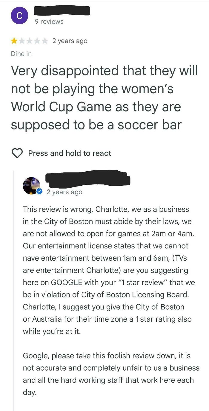 One-star absurd review about soccer bar not showing women's World Cup with business reply explaining legal restrictions.