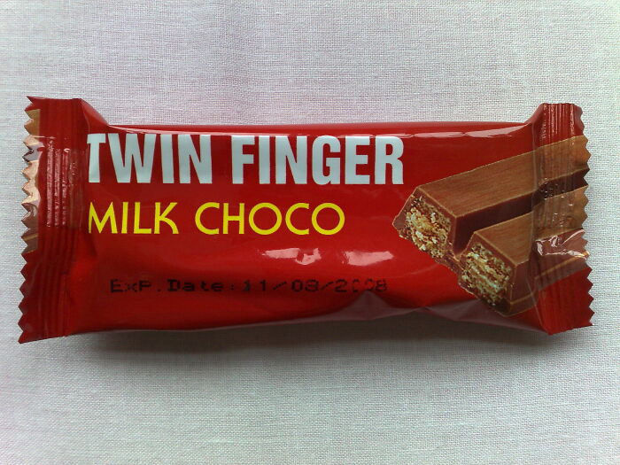 Twin Finger Milk Choco candy packaging humorously copies famous chocolate brand design in a shameless and hilarious way.
