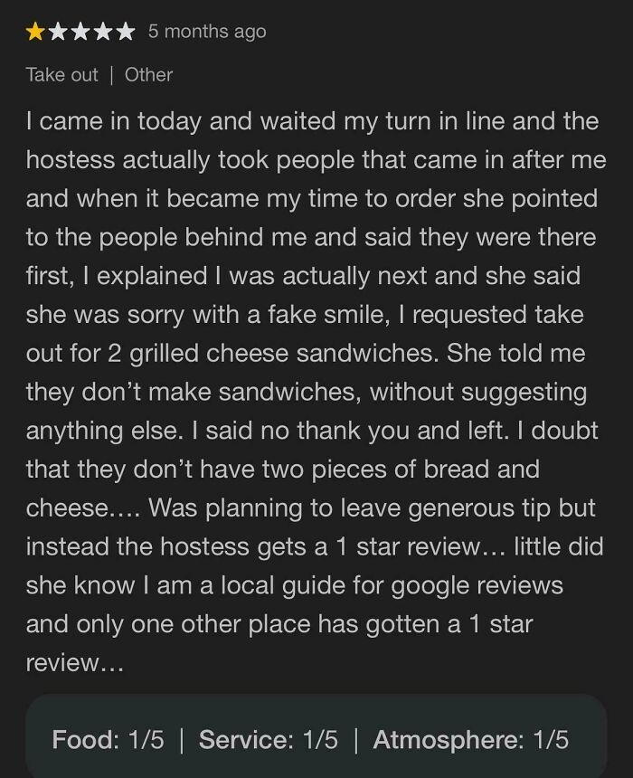 One-star absurd review from an entitled customer confused about service and sandwich availability.