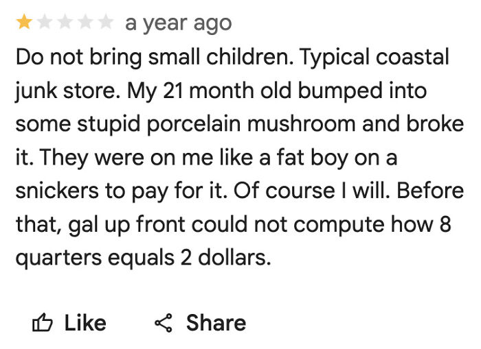 One-star absurd review from an entitled customer struggling with basic math and store policies.