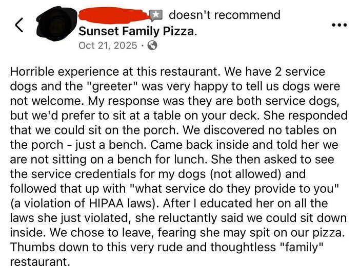 Screenshot of an absurd entitled customer review complaining about service dogs and restaurant policies.