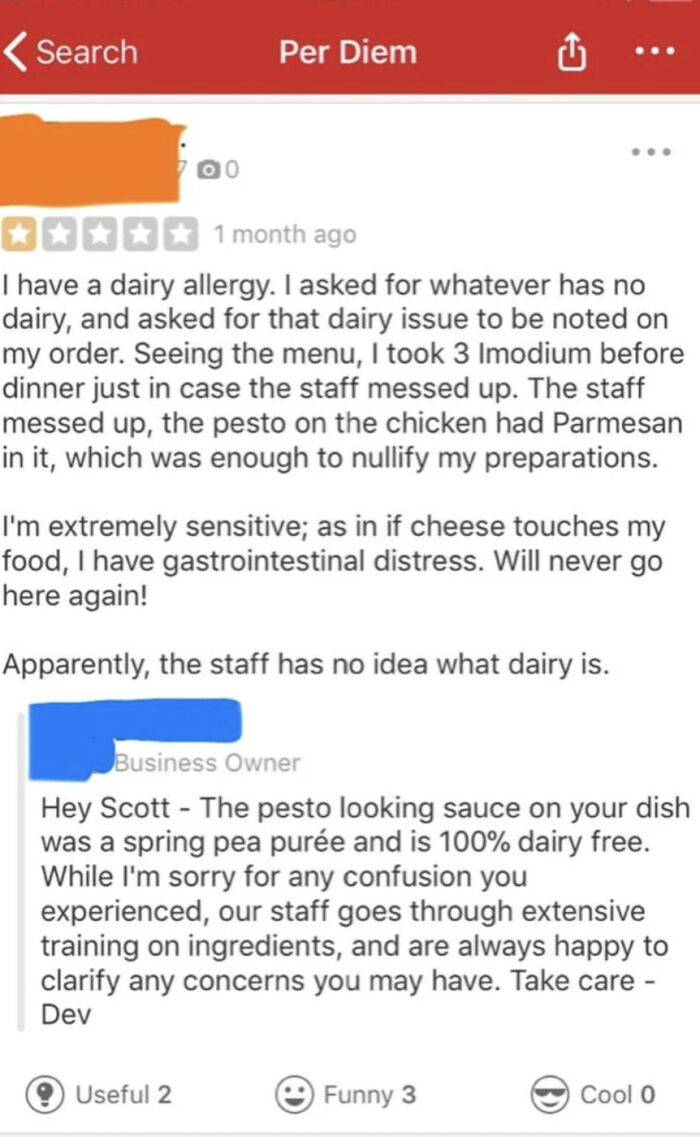 Screenshot of an absurd online review of a restaurant with a dairy allergy complaint and staff response.