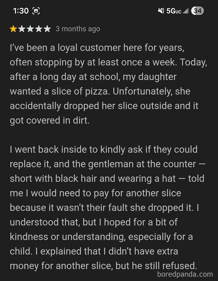 One-star absurd customer review about refused pizza replacement from entitled person misunderstanding service policies.