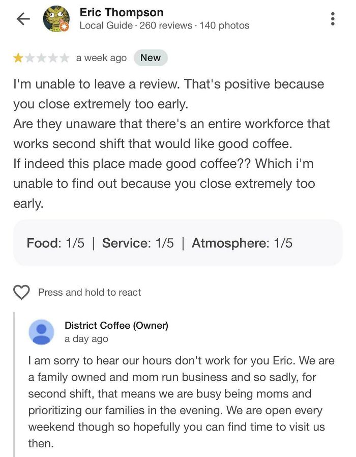 Screenshot of absurd online review complaining about coffee shop hours, illustrating entitled customer misunderstandings.