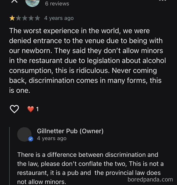Absurd review from entitled customer upset about being denied pub entry with newborn due to alcohol laws and discrimination claims.
