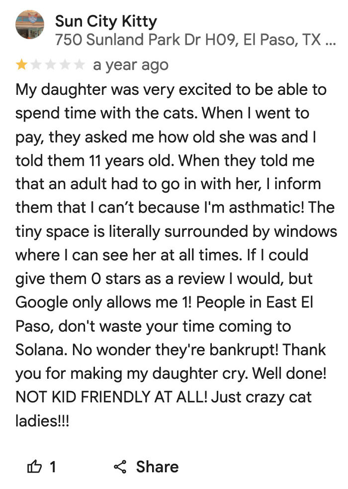 One-star review from an entitled customer criticizing cat cafe policies, highlighting absurd misunderstandings and entitlement.