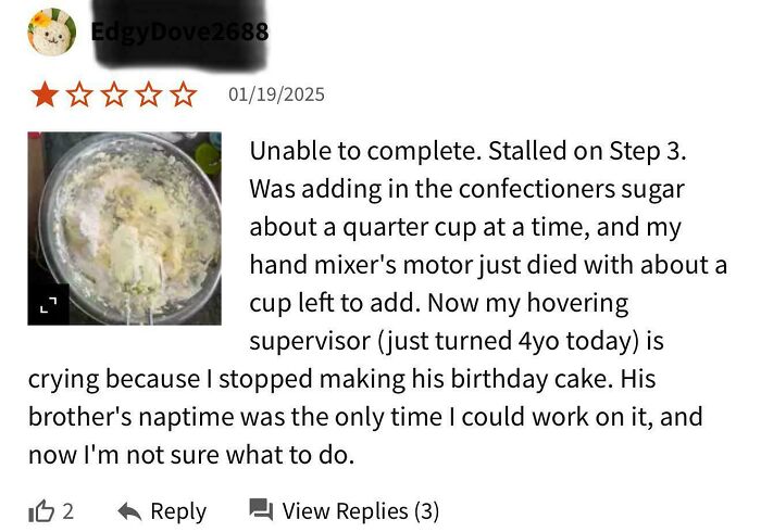 One-star review with photo of cake batter, customer frustrated with broken mixer while baking a birthday cake.