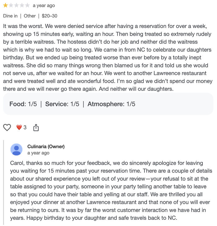Negative customer review and owner response illustrating absurd reviews from entitled people who don’t understand how the world works.