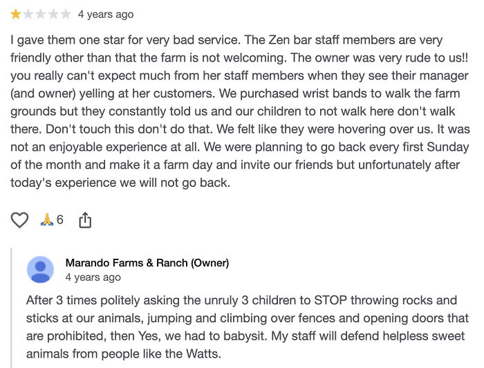 One-star review of farm visit with rude owner and unruly children disrupting animals, illustrating absurd entitled customer complaints.