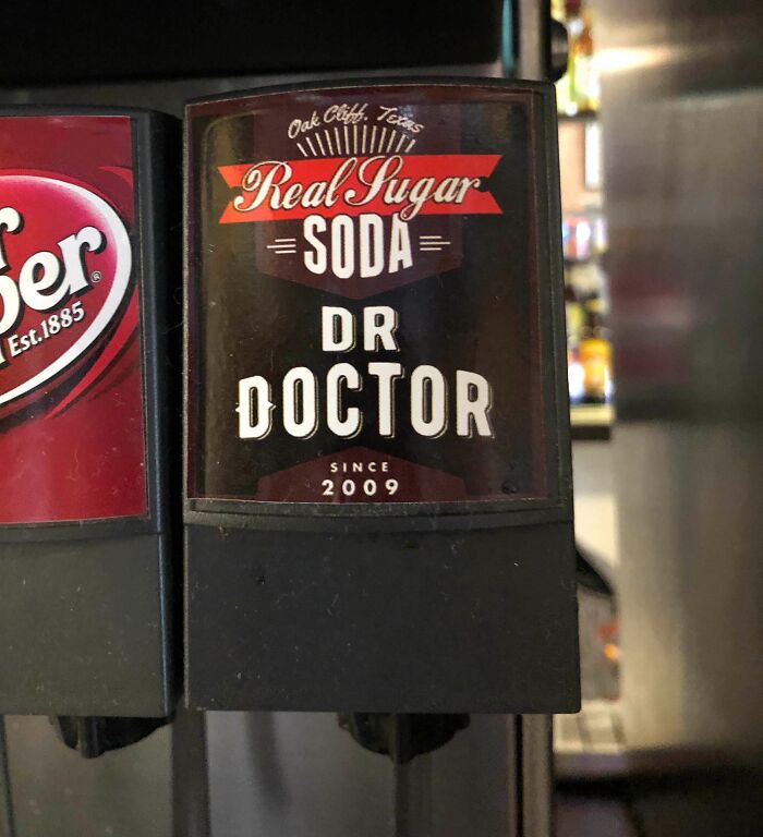 Soda dispenser labeled Dr Doctor mimicking famous brand design, showcasing shameless times designers copied famous brands.