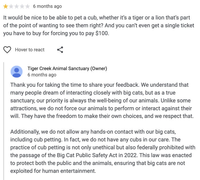 Review complaint about petting cubs at animal sanctuary with owner explaining big cat welfare and legal restrictions.