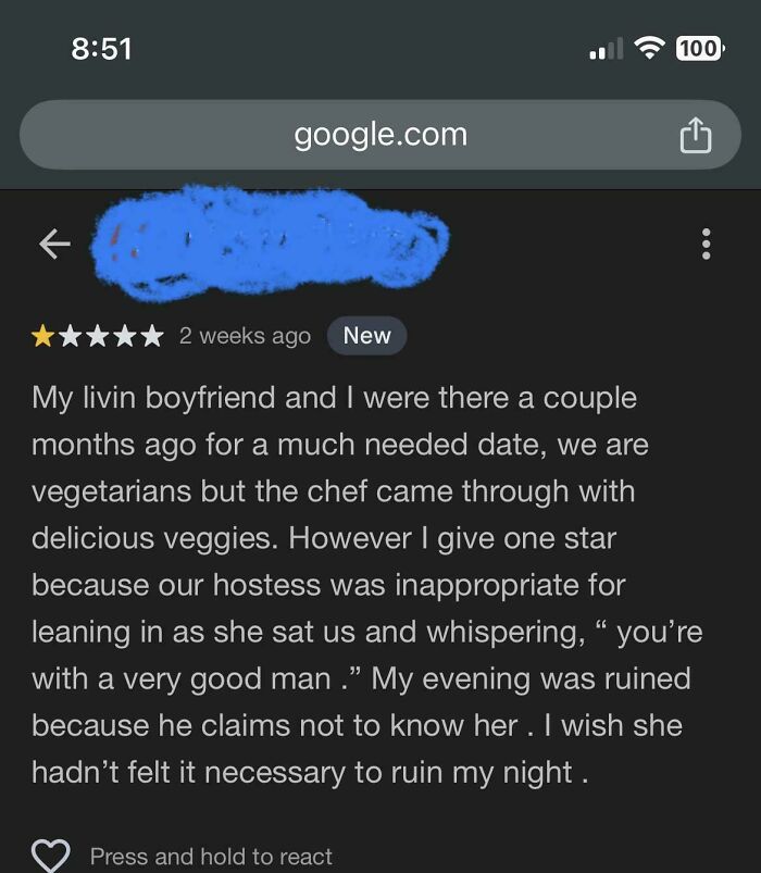 Screenshot of a one-star absurd review from an entitled customer showing misunderstanding in a restaurant experience.