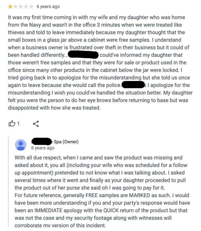 Customer and spa owner exchange lengthy dispute over misunderstanding about free samples in review of a small business.