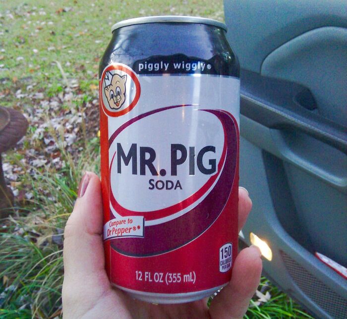 Hand holding a Mr. Pig soda can with design copying Dr Pepper branding, illustrating shameless brand knockoff.