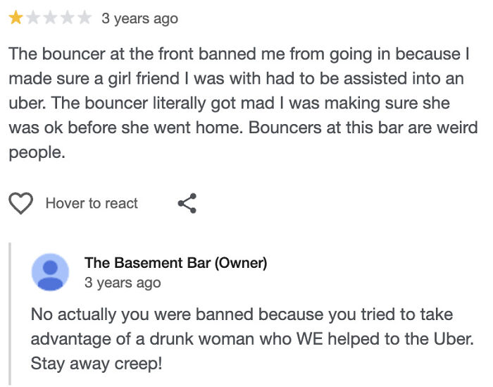 One-star absurd review about a bouncer banning a man, with bar owner responding to entitled behavior.