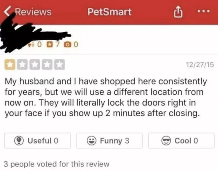 Screenshot of an absurd customer review complaining about store doors being locked shortly after closing time.