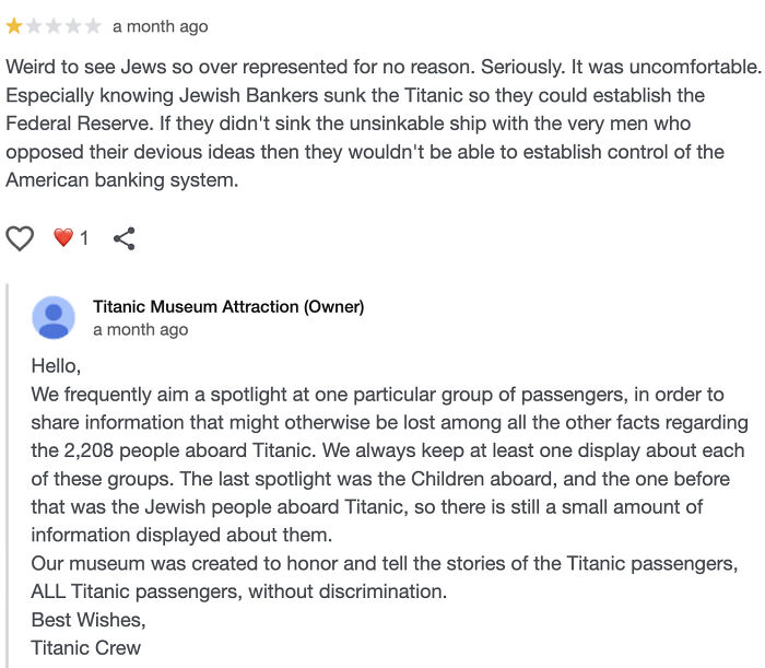 One-star review of Titanic Museum with an owner response highlighting museum's approach to passenger stories.