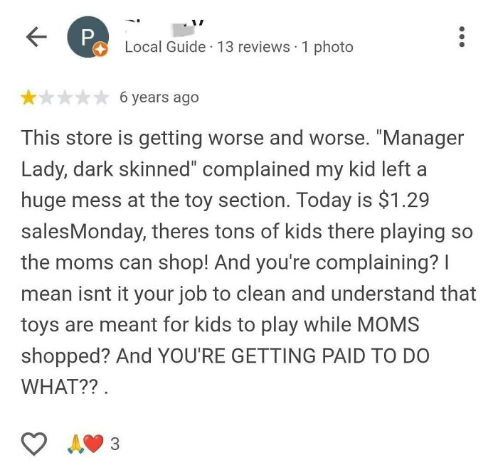 One-star review from entitled person complaining about a store's toy section mess, highlighting absurd customer behavior.