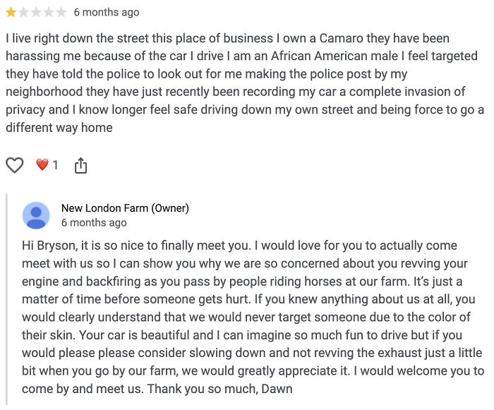Review exchange showing an entitled complaint about harassment and a calm farm owner's response addressing safety concerns.