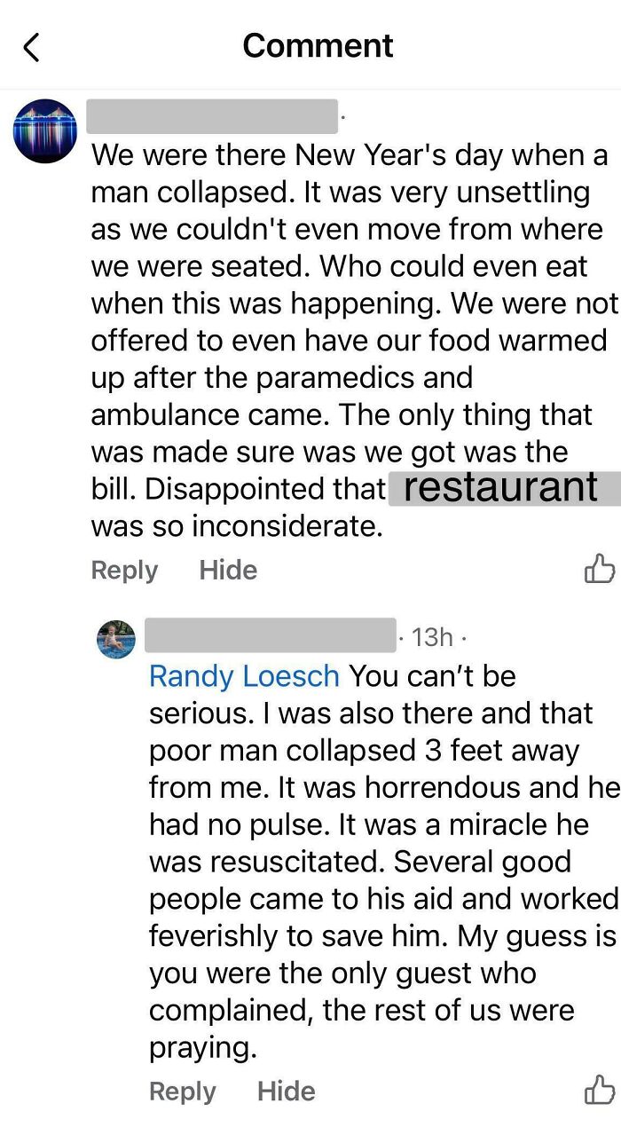Screenshot of absurd restaurant review and response discussing a medical emergency and unreasonable complaint from entitled customer.