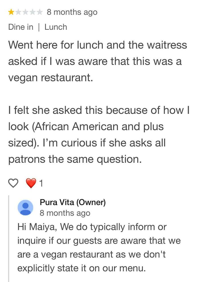 One-star review from an entitled customer confused about a vegan restaurant, highlighting absurd reviews and misunderstandings.