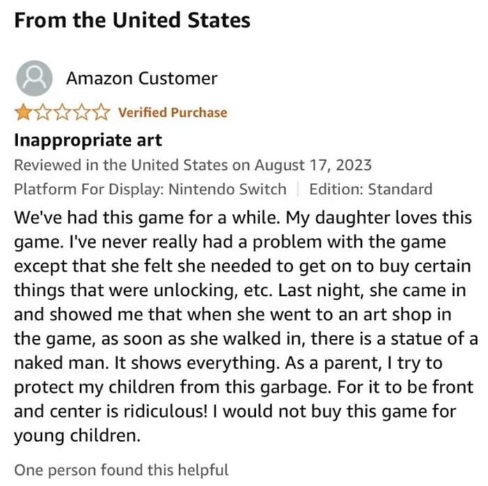 Screenshot of an absurd customer review complaining about inappropriate art in a Nintendo Switch game.