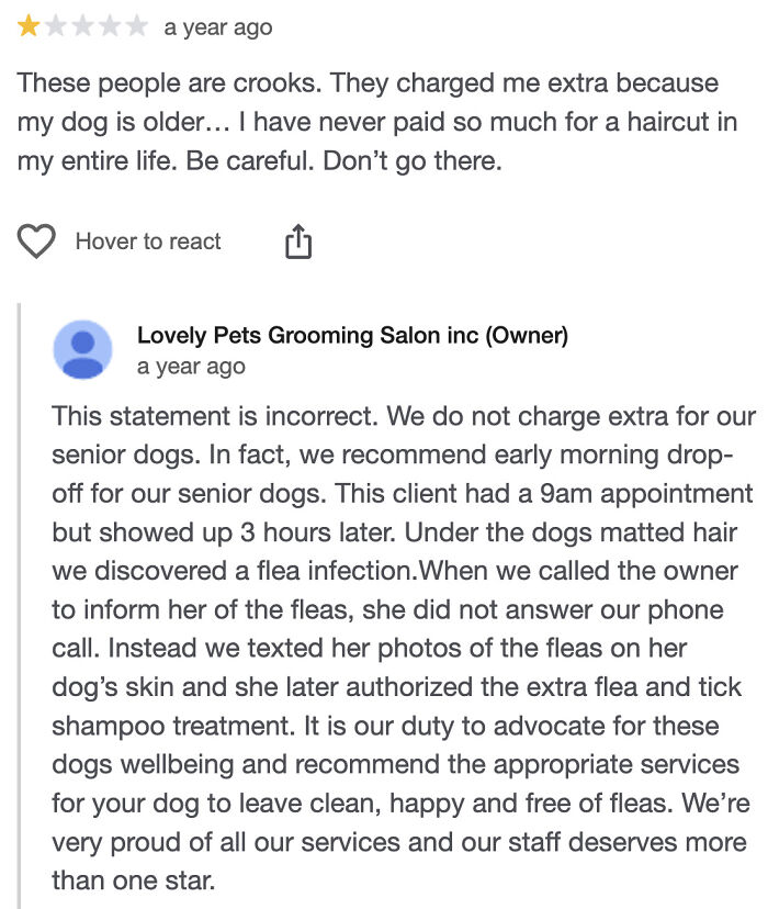 One-star absurd customer review about dog grooming fees with owner’s detailed response on fleas and service.