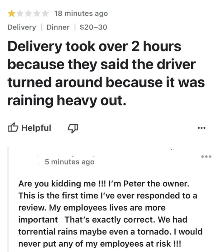 Customer complaint about delayed delivery due to heavy rain, showing absurd reviews from entitled people.