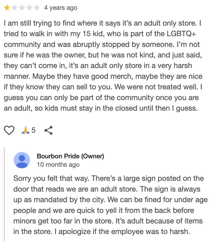 Review from entitled customer confused by adult-only store policy, highlighting absurd misunderstandings and harsh interactions in customer service.