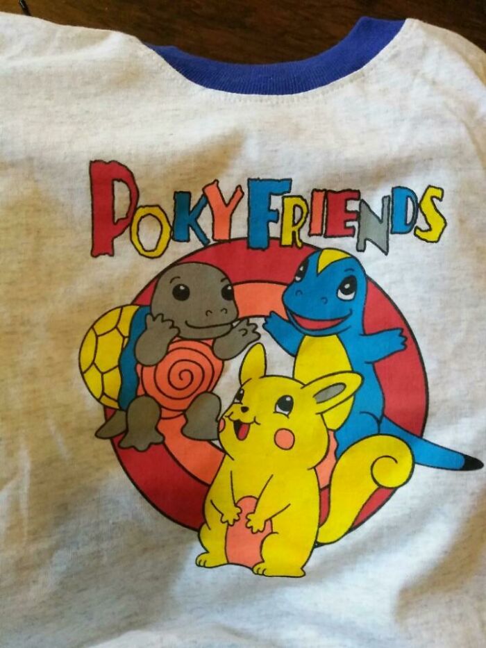 Hilariously bad t-shirt design featuring cartoon characters with misspelled text Poky Friends on a white shirt.