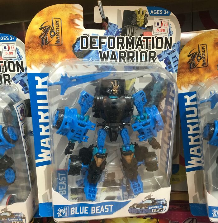 Toy robot named Deformation Warrior Blue Beast mimics famous brand Transformers in a shameless design copy.