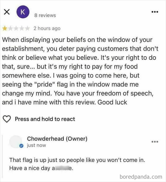 Screenshot of an absurd online review by an entitled customer and a blunt owner response about a pride flag and freedom of speech.