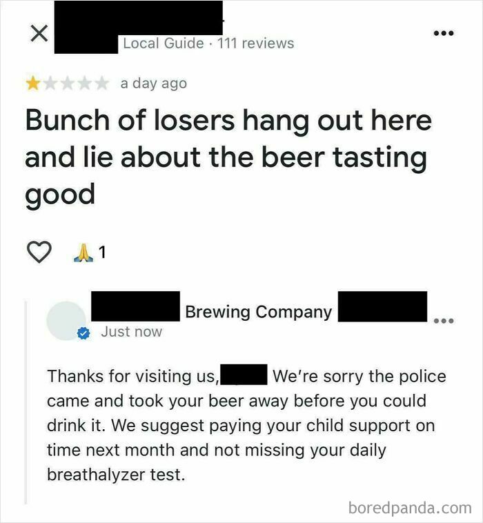 Screenshot of absurd online review and brewery response highlighting entitled customer behavior and misunderstandings in absurd reviews.