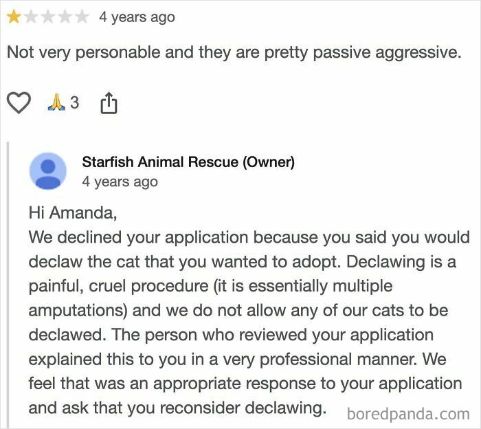 One-star review from an animal rescue owner explaining declawing policy and rejecting an adoption application.