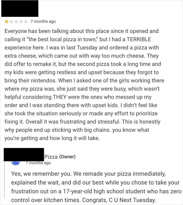 One-star absurd review complaining about a pizza order delay with an owner’s sarcastic response included.