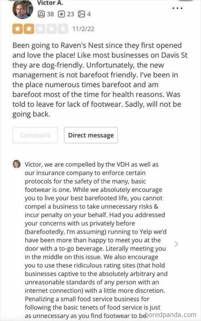 Screenshot of an absurd online review where a customer complains about barefoot policies at a restaurant.