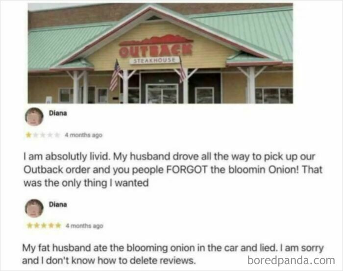 Review of Outback Steakhouse with an absurd complaint about a missing bloomin onion and a husband eating it in the car.