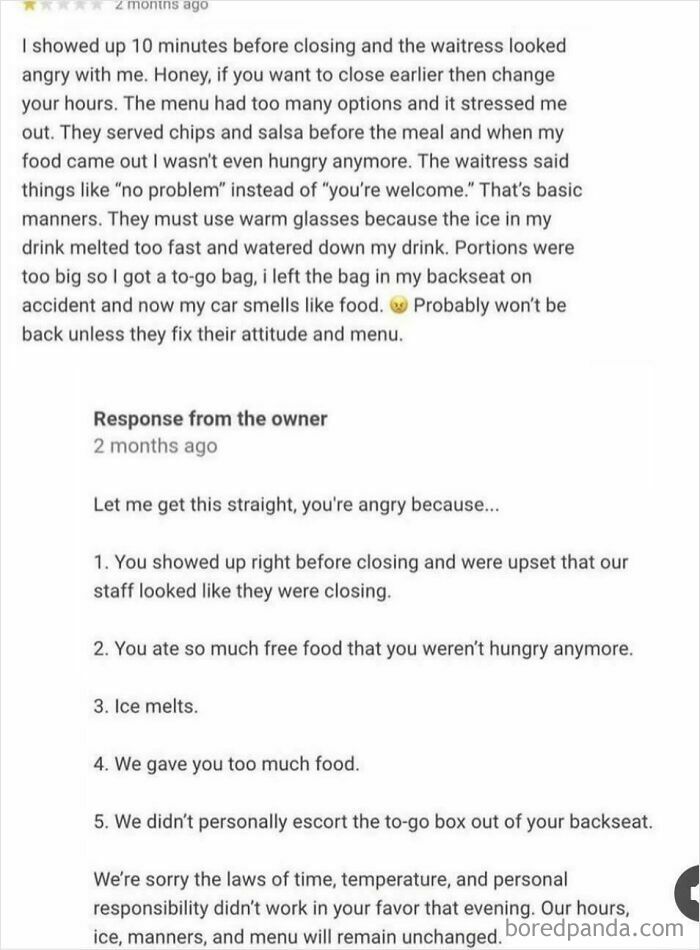 Screenshot of an absurd customer review and owner response highlighting entitled complaints and misunderstandings.